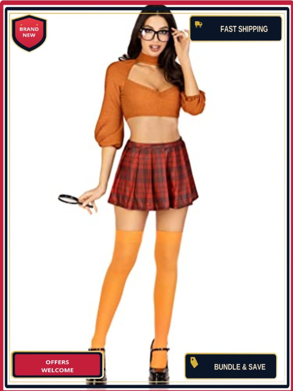 Sexy Nerd Costume 4 Pc Set Crop Top Skirt Thigh Highs Glasses